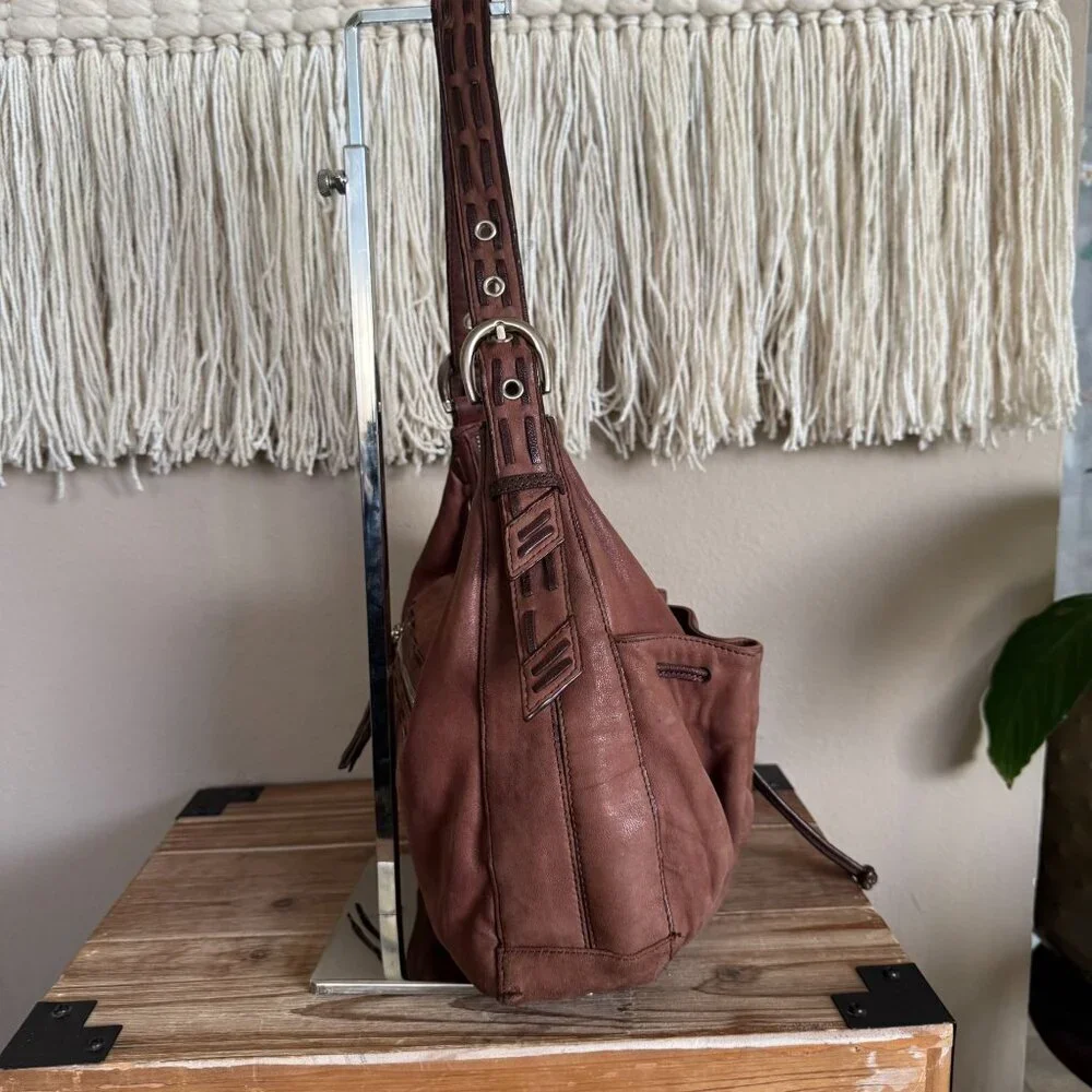 Junior Drake Brown Lambskin Leather Gathered‎ Pocket Squishy Hobo Shoulder Bag